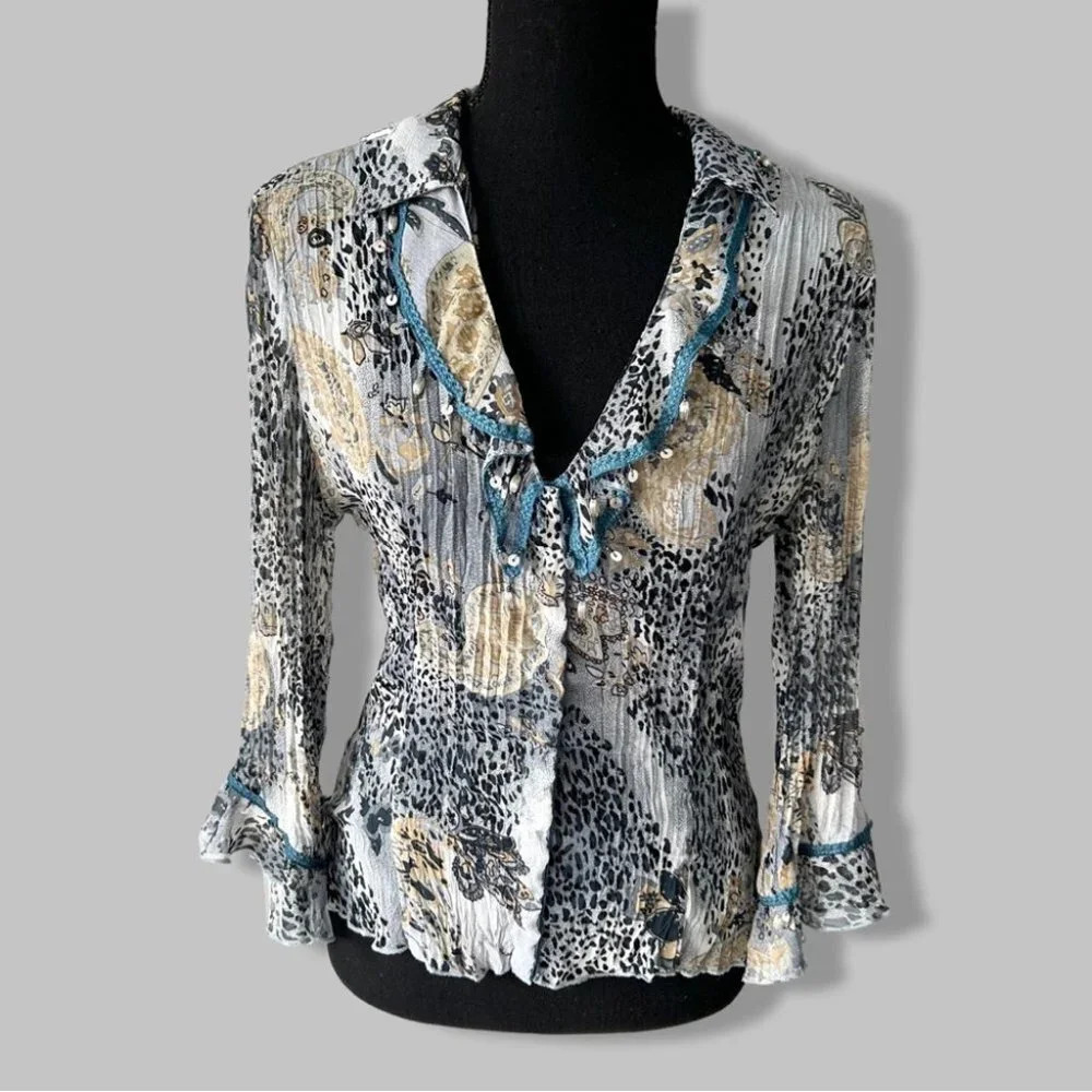 Funsport Animal Print  Sequins Ruffles Blouse